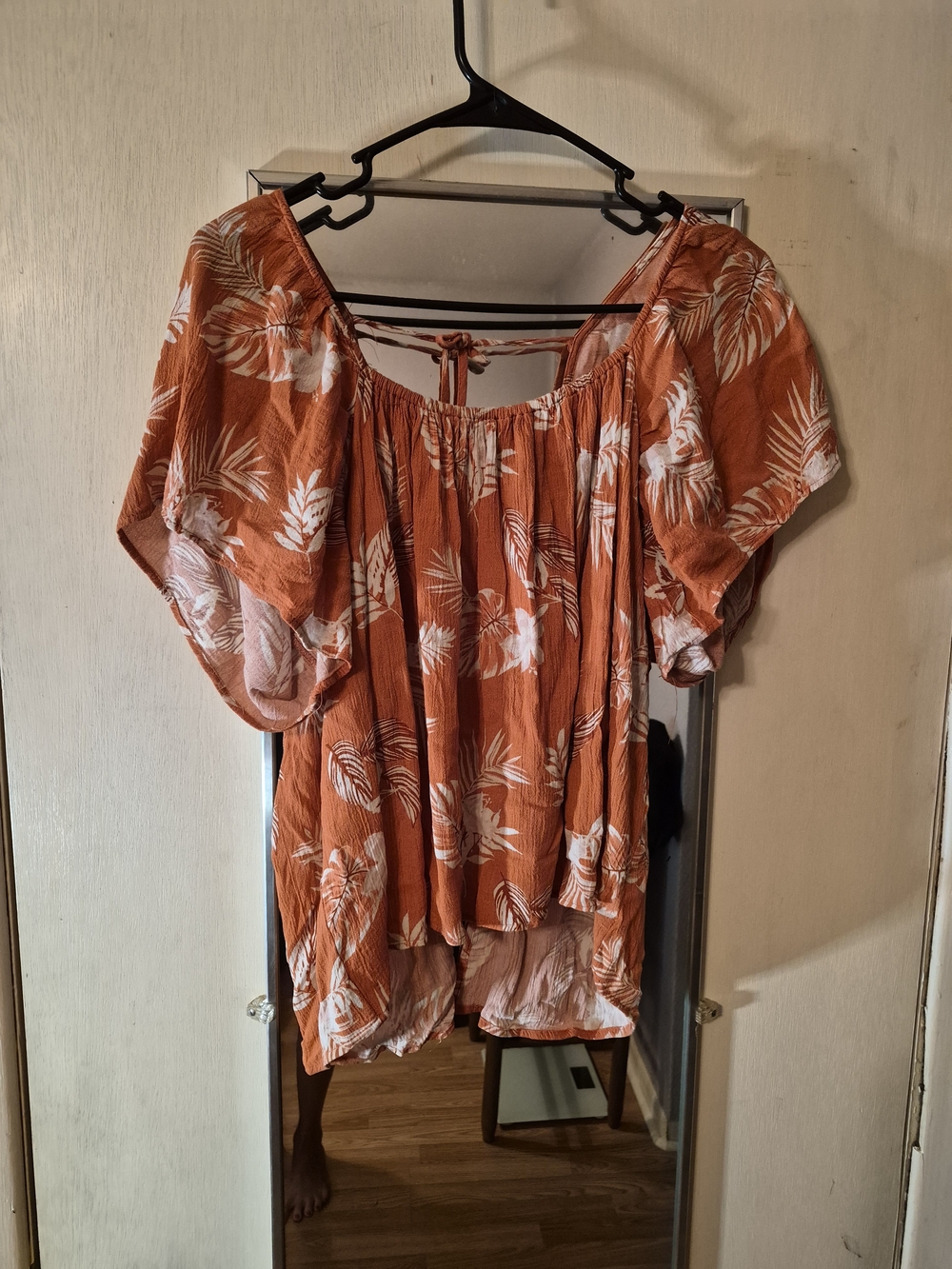 Rust Floral Peasant Tunic Top with Tie Back